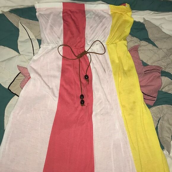 3/$15 Summer casual long maxi dress strapless pink white yellow boho beach - Picture 6 of 11